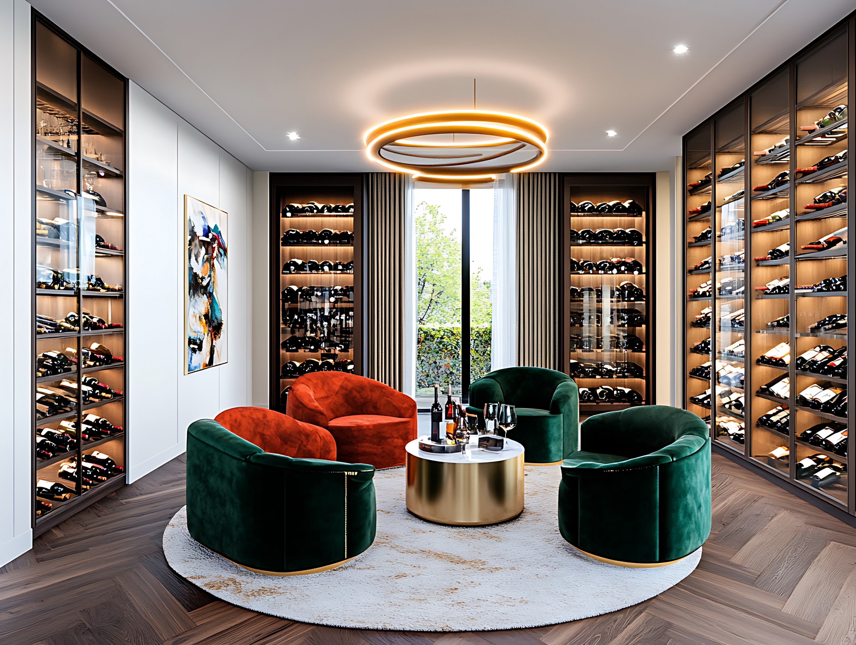 A sophisticated custom wine room with floor-to-ceiling glass wine displays, plush velvet chairs in emerald and rust, and a modern circular chandelier — designed for luxury entertaining.